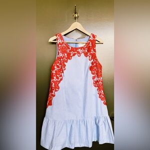 Nicole Miller Blue & White Shirting Shift dress with Red lace detail